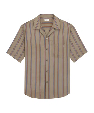 Saint Laurent Camp-collar Logo-embroidered Striped Twill Shirt In Brown