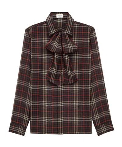 Saint Laurent Plaid Bow Detail Collared Neck Long Sleeves In Brown