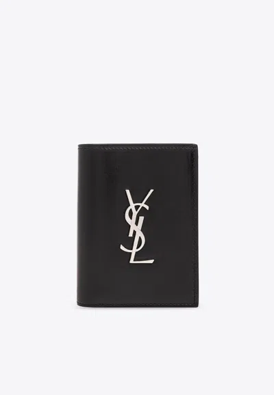 Saint Laurent Cassandre Single-fold Leather Cardholder In Black