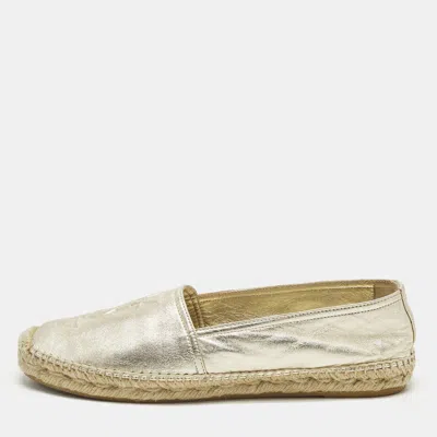 Pre-owned Saint Laurent Cassandre Size 38 Gold Leather Espadrille Flats