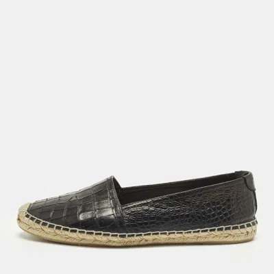 Pre-owned Saint Laurent Cassandre Size 40 Black Croc Embossed Leather Espadrille Loafers