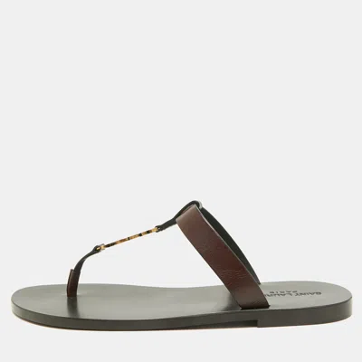 Pre-owned Saint Laurent Cassandre Size 42.5 Dark Brown Leather And Metal Thong Flat Slide