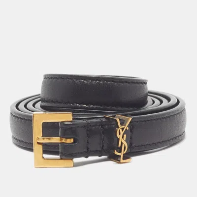 Pre-owned Saint Laurent Cassandre Slim 70cm Buckle Belt Black Leather