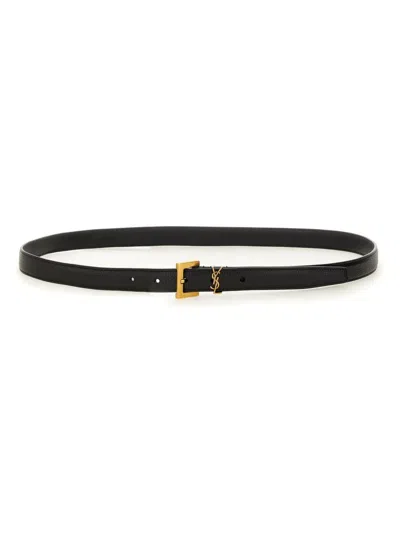 Saint Laurent Cassandre Slim Belt With Square Buckle Accessories In Black