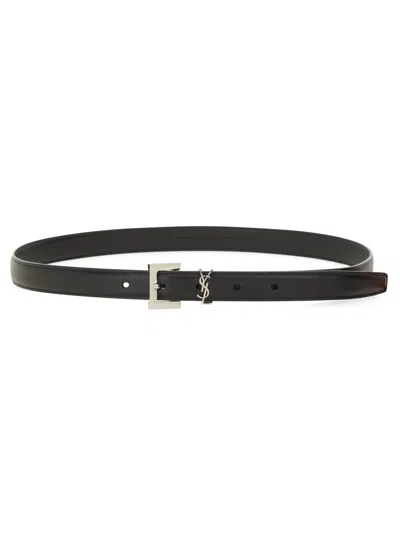Saint Laurent Cassandre Slim Leather Belt In Black