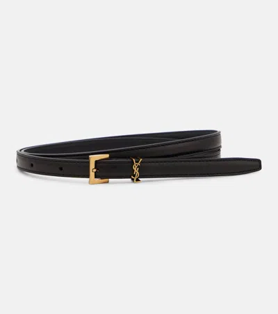 Saint Laurent Cassandre Slim Leather Belt In Black
