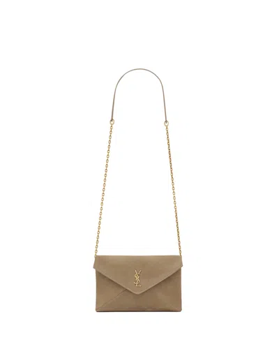 Saint Laurent Cassandre Small Chain Pouch In Suede In Light Cumin