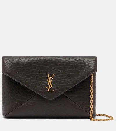 Saint Laurent Cassandre Small Leather Clutch In Brown