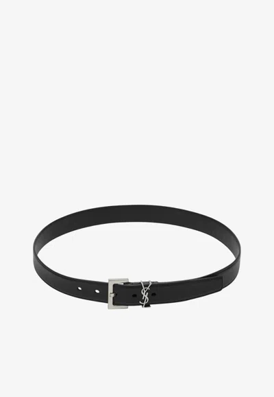 Saint Laurent Cassandre Smooth Leather Belt In Black