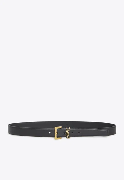 Saint Laurent Cassandre Extra Thin Crocodile-effect Leather Belt In Black
