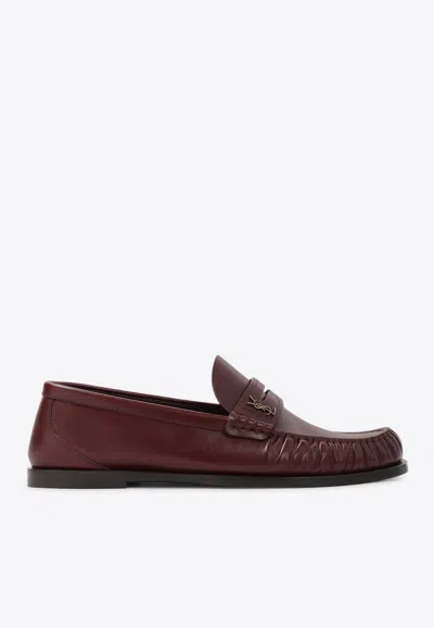 Saint Laurent Cassandre Smooth Leather Penny Loafers In Burgundy