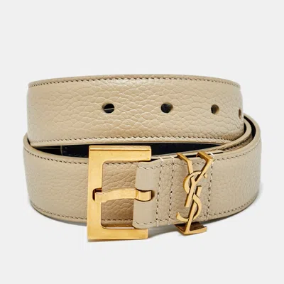 Pre-owned Saint Laurent Cassandre Square Buckle 70cm Belt Beige Leather In Sand