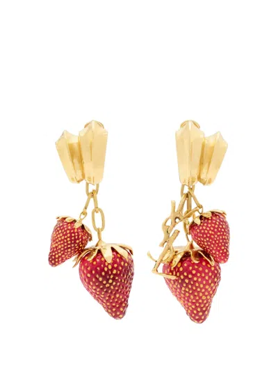 Saint Laurent Cassandre Strawberry Drop Earrings In Gold
