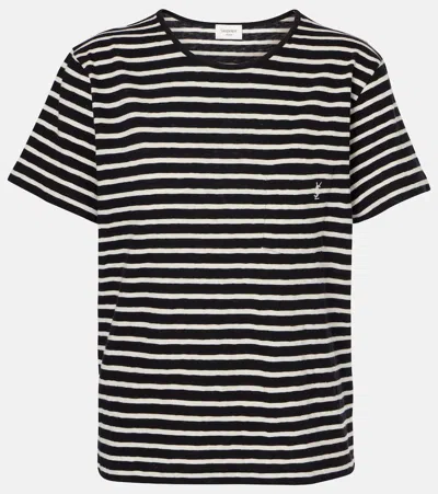 Saint Laurent Embroidered Striped Cotton-jersey T-shirt In Schwarz