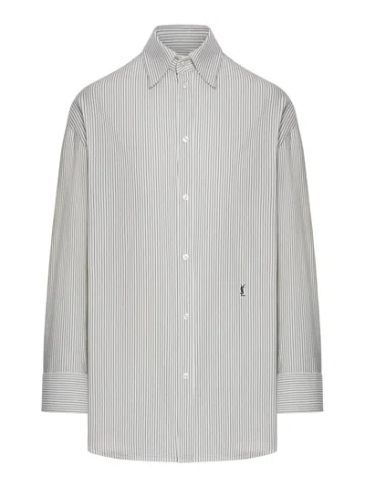 Saint Laurent Cassandre Striped Cotton Shirt In Gray