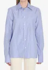 Saint Laurent Cassandre Striped Long-sleeved Shirt In Light Blue