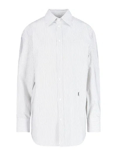 Saint Laurent Grey Shirt With Cassandre Embroidery And All-over Striped Motif In Cotton Woman In White