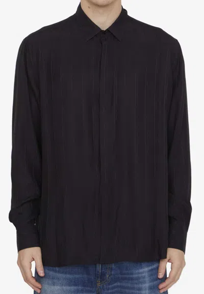 Saint Laurent Classic Shirt With Yves Collar In Matt And Shiny Striped Silk In Black
