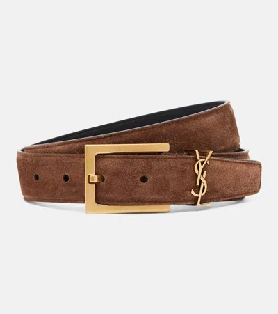 Saint Laurent Cassandre Embellished Suede Belt In Brown