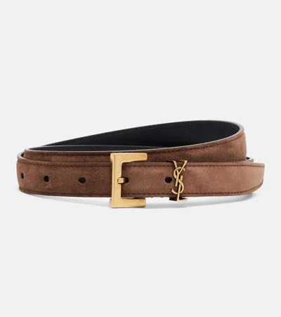 Saint Laurent Cassandre Suede Belt In Burgundy