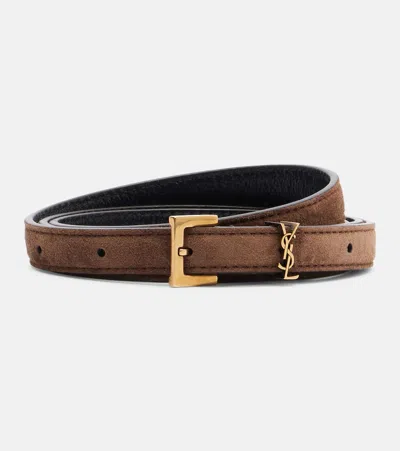 Saint Laurent Cassandre Suede Belt In Brown