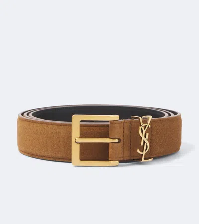 Saint Laurent 3 Cm Logo-embellished Suede Belt In Brown