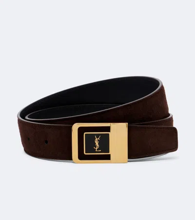Saint Laurent Cassandre Suede Belt In Brown
