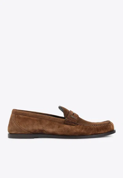 Saint Laurent Cassandre Suede Penny Loafers In Brown