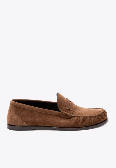 Saint Laurent Cassandre Suede Penny Loafers In Brown