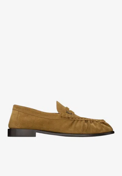 Saint Laurent Cassandre Suede Penny Loafers In Brown