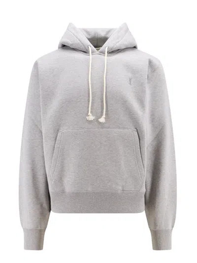 Saint Laurent Logo-embroidered Hooded Cotton Sweatshirt In Grey