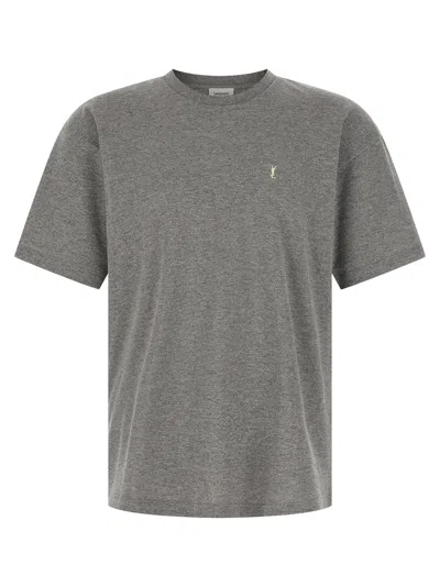 Saint Laurent Grey Crewneck T-shirt With Cassandre Embroidery In Cotton Man In Gray