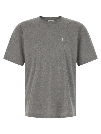 Saint Laurent Grey Crewneck T-shirt With Cassandre Embroidery In Cotton Man In Gray