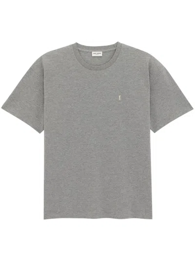 Saint Laurent Grey Crewneck T-shirt With Cassandre Embroidery In Cotton Man In Gray