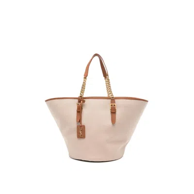 Saint Laurent Cassandre-tag Canvas Tote Bag In Sand
