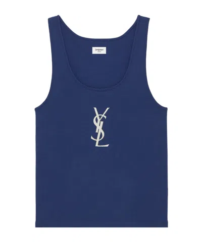 Saint Laurent Logo-embroidered Cotton-jersey Tank Top In Blue
