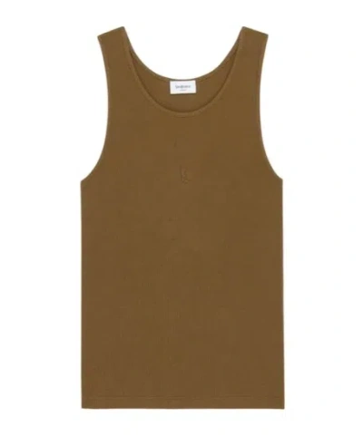 Saint Laurent Cassandre Tank Top In Ribbed Cotton Jersey In Brown