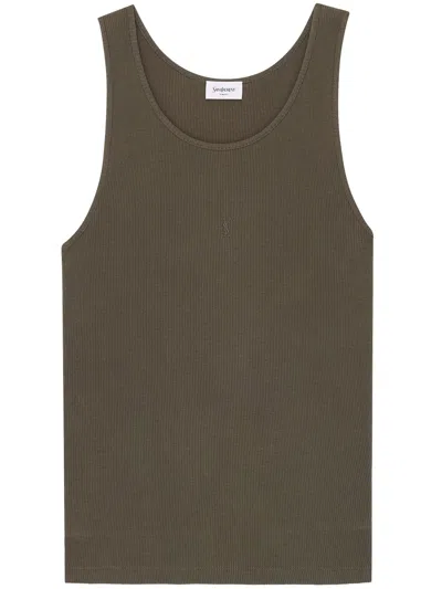 Saint Laurent Cassandre Tank Top With Tonal Embroidery In Green