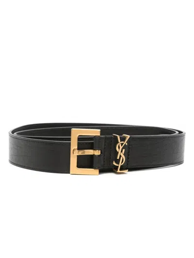 Saint Laurent Cassandre Thin Belt In Black