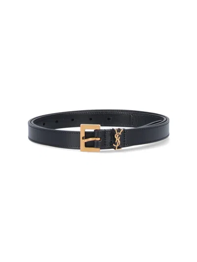 Saint Laurent 'cassandre' Thin Belt In Black  