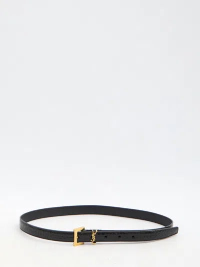Saint Laurent Black Thin Belt With Square Buckle And Cassandre In Crocodile-embossed Leather Woman