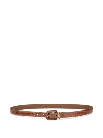 Saint Laurent Cassandre Thin Belt In Crocodile-embossed Leather In Brown