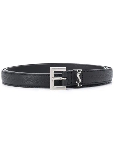 Saint Laurent Cassandre Thin Belt In Grained Leather In Black