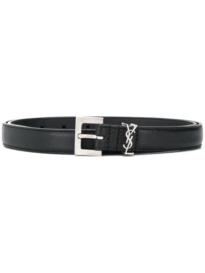 Saint Laurent Cassandre Thin Belt In Smooth Leather In Black