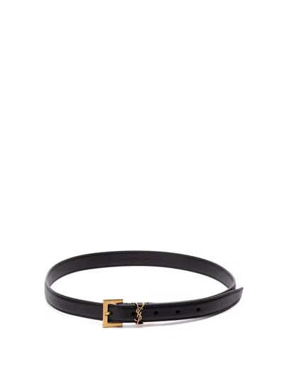 Saint Laurent `cassandre` Thin Belt With Square Buckle In Black  