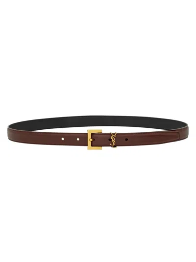 Saint Laurent Cassandre Thin Belt With Square Buckle In Box Leather Accessories In Brown
