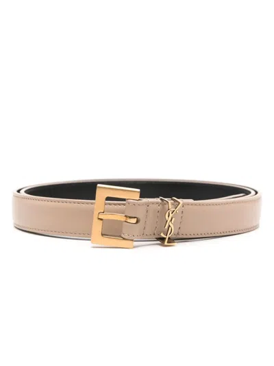 Saint Laurent Cassandre Thin Belt With Square Buckle In Box Leather In Transparent