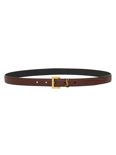 Saint Laurent Cassandre Thin Belt With Square Buckle In Box Leather Accessories In Burgundy