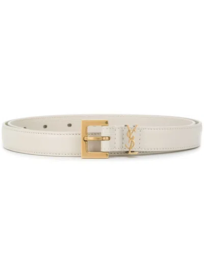 Saint Laurent Cassandre Thin Belt With Square Buckle In Box Leather In Neutral