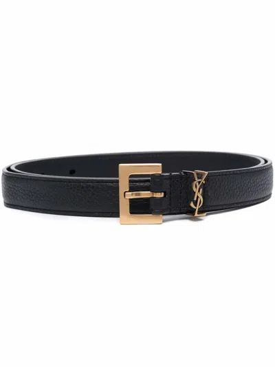 Saint Laurent Cassandre Thin Belt With Square Buckle In Grained Leather In Black